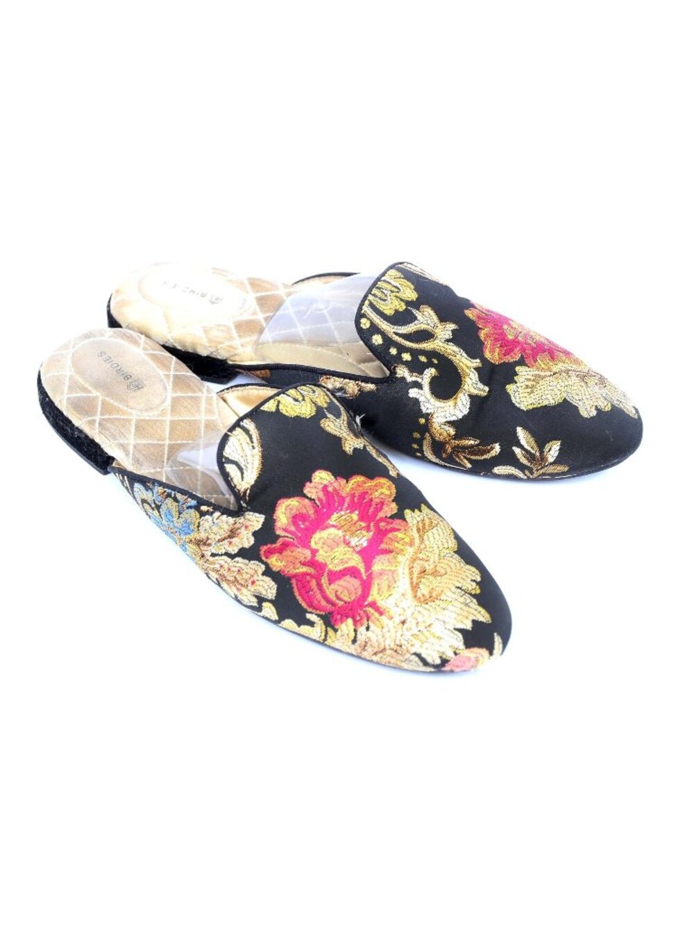 Birdies The Songbird Size‎ 11 Satin Black Floral Slide Flat Mule Feminine Lounge